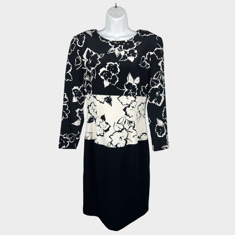 Vintage Constance Saunders Black White Colorblock Floral Silk Sheath Dress Sz 6